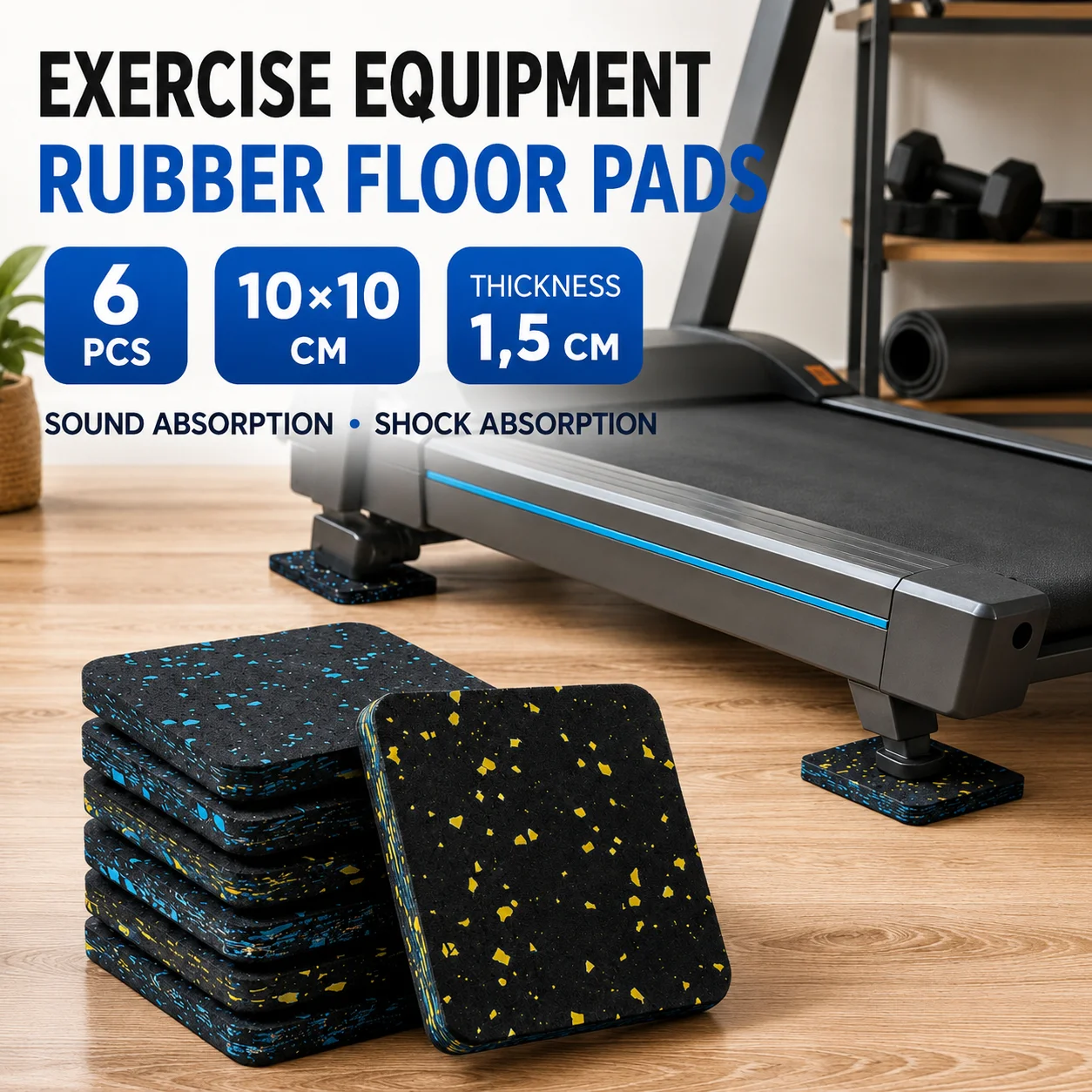 Home Gym Rubber Flooring - 6Pcs Treadmill Mat 15mm Thick Anti