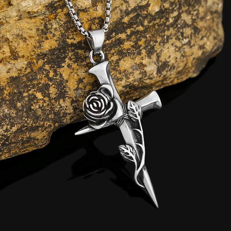 New 316L Stainless Steel Nail Cross Rose Pendant Necklace High Polished Men Pendant Fashion Charm Romantic Jewelry Wholesale