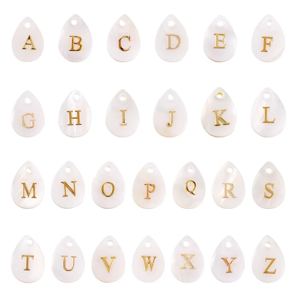 26Pcs Natural Shell Teardrop Charms with Metal Letter Slices Letter A~Z Shell Pendants For DIY Women Jewelry Making Craft Decor