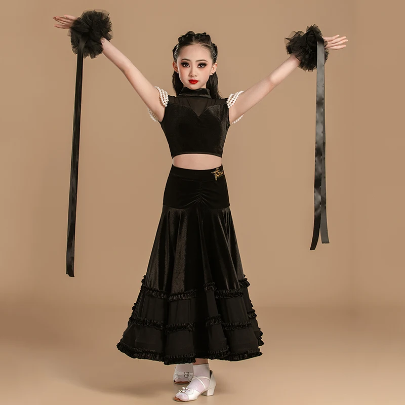 Vêtements de danse de salon pour filles, Costume de spectacle de danse Walrz, hauts en perles, jupe longue, vêtements de concours de danse de salle de bal BL14914