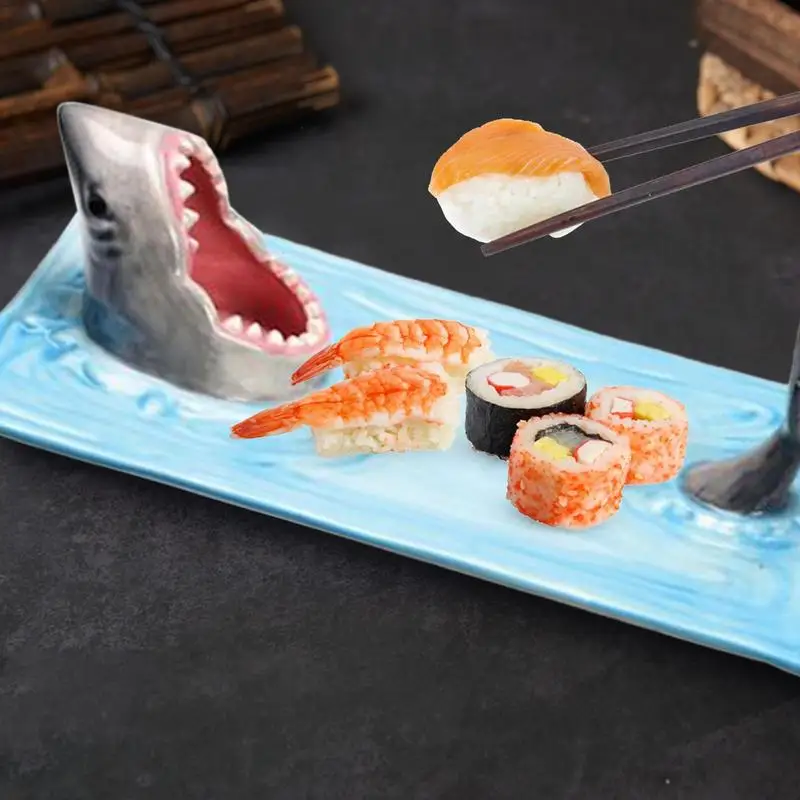 Ceramic Sushi Plate, Shark Shape Rectangle Dessert Cake Snack Cheese Board Japanese Skewer Plates Dining Kitchen Decor