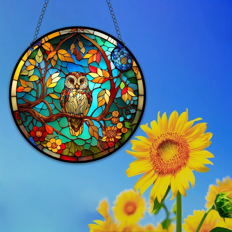 Owl Stained Suncatcher Window Hangings Signs Round Stained Acrylic Pendant for Home Garden Wall Art Decoration Gifts Ornament