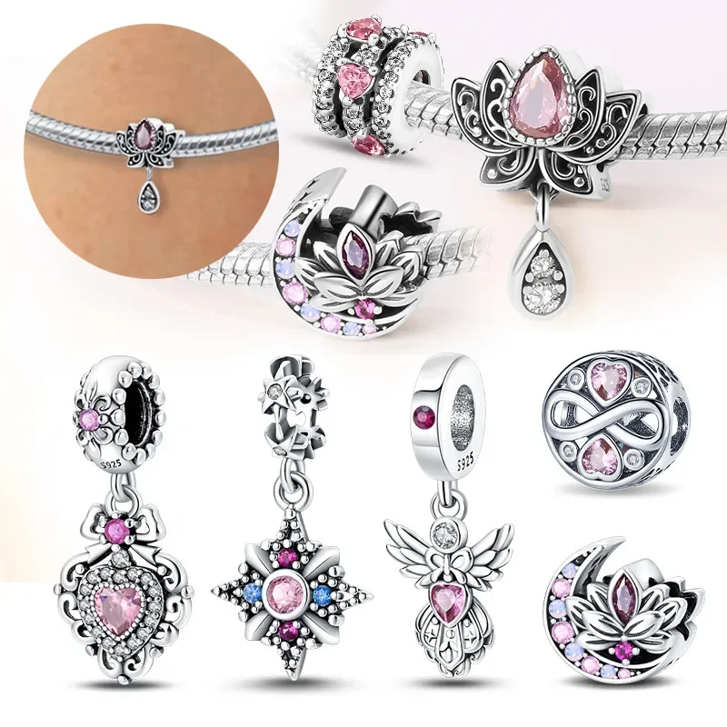 

925 Silver Classic Purple Retro Heart Shape Lotus Angel Charms Beads Fit Pandora Original Bracelets DIY Jewelry Gift for Women