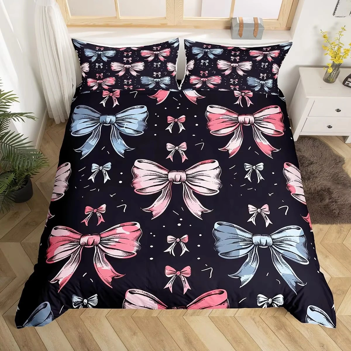Cute Bowknots Duvet Cover Queen, Princess Bow-tie Kawaii Bow Graffiti Bedding Set Girly Fairy Tale Quilt Cover for Young,3 Pcs