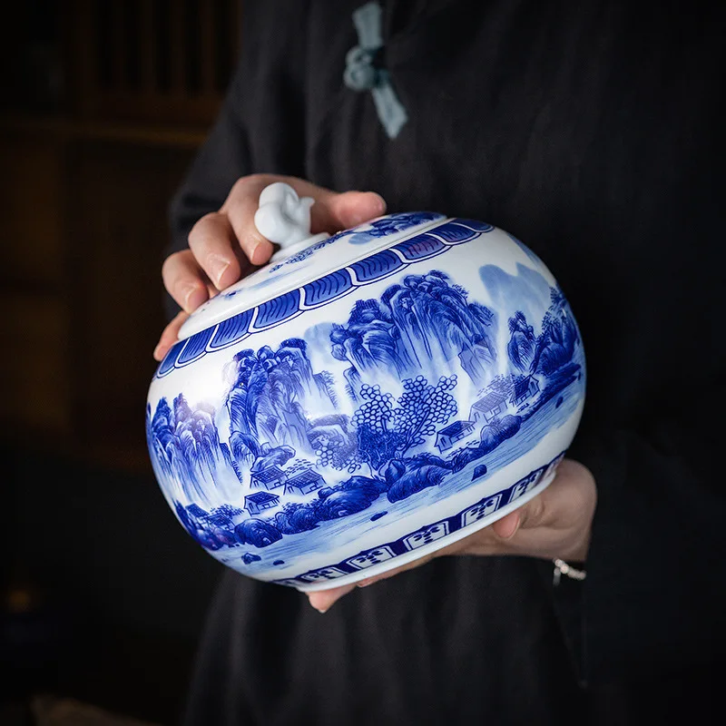 

Blue And White Porcelain Large Ceramic Sealed Pot Household Moisture-proof Pu 'er Tea Storage Pot Retro Chinese Style