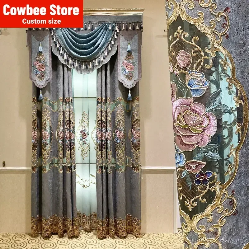 

European Style Curtains High-end Luxury Chenille Embroidered Hollow Finished Product Curtains for Living Dining Room Bedroom