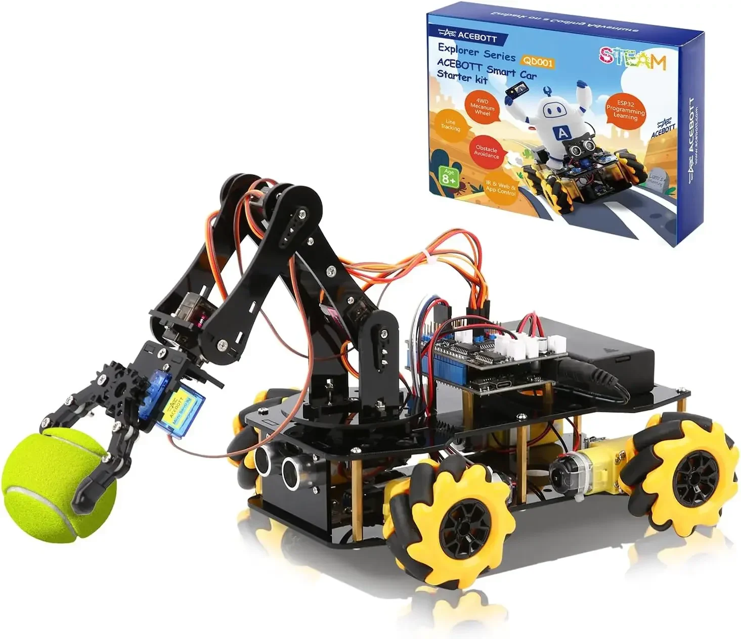 

ACEBOTT 5DOF Smart Robot Arm Car Kit, 4WD Remote Control Car Compatible with Arduino/Python/Blockly Programming Project/STEM Edu