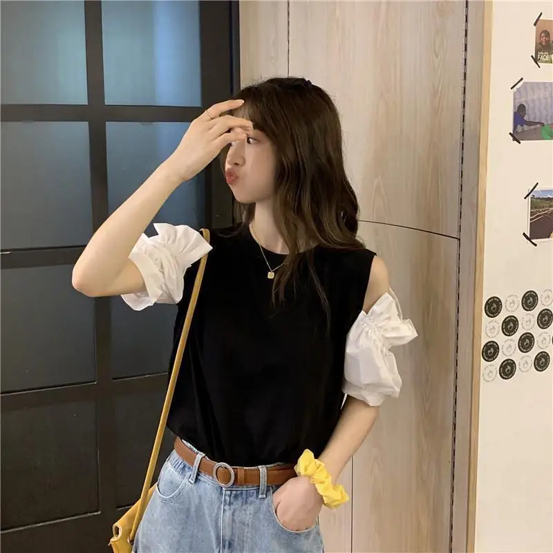 Summer New Hollow Out Off Shoulder Loose T Shirts Short Sleeve Solid All-match Trend Tops Tees Casual Fashion Women Clothing