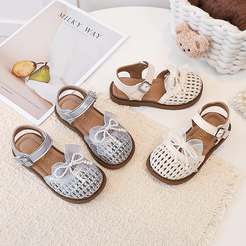 Toddler Girls Ribbon Bowknot Leather Sandals 2026 New Summer Kids Braided Beach Shoes Soft Sole Elegant Garden Wedding Shoes