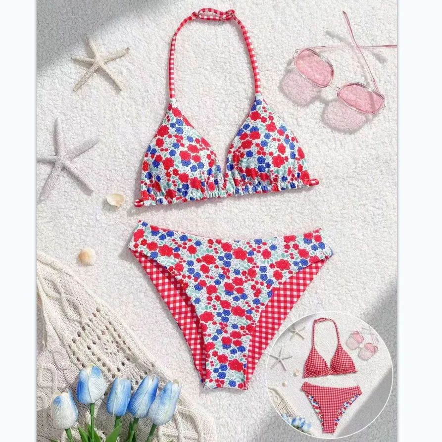 2026 Reversible Kids Bikini Set for Girls Floral & Plaid Print Halter Triangle Swimsuit Children Summer Beach Bathing Suit