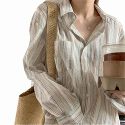 2023 Vintage Striped Shirts Women Korean Fashion Simple Long Sleeve Turn Down Collar Blouse Office Lady Casual Loose Thin Tops