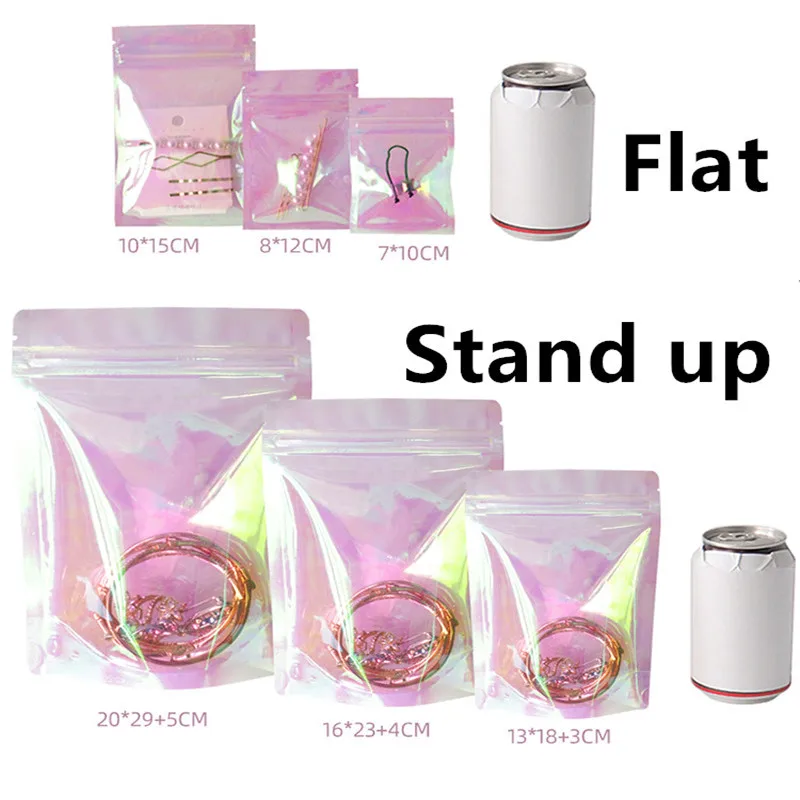 

100pcs Pink Stand Up Holographic Rainbow Zip Lock Pouches Reclosable Bracelet Jewelry Pendant Nail Eyelash Brush Cosmetic Bags