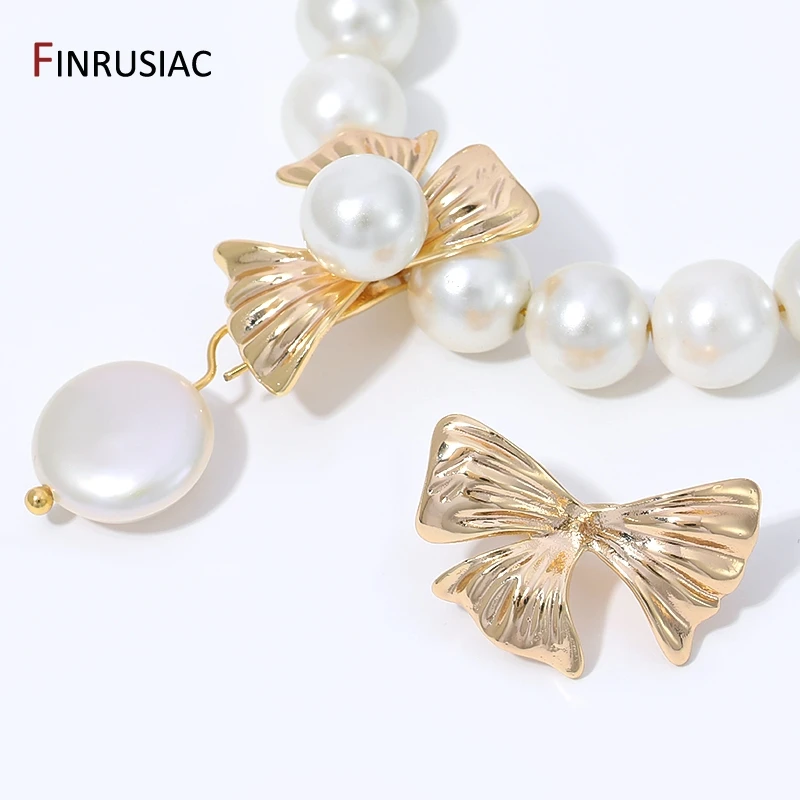 14K Gold Plated Brass Bow Knot Clip Clasp With Pearl Mounting,Press Buckle For DIY Pearl Beaded Necklace Jewelry Making Supplies