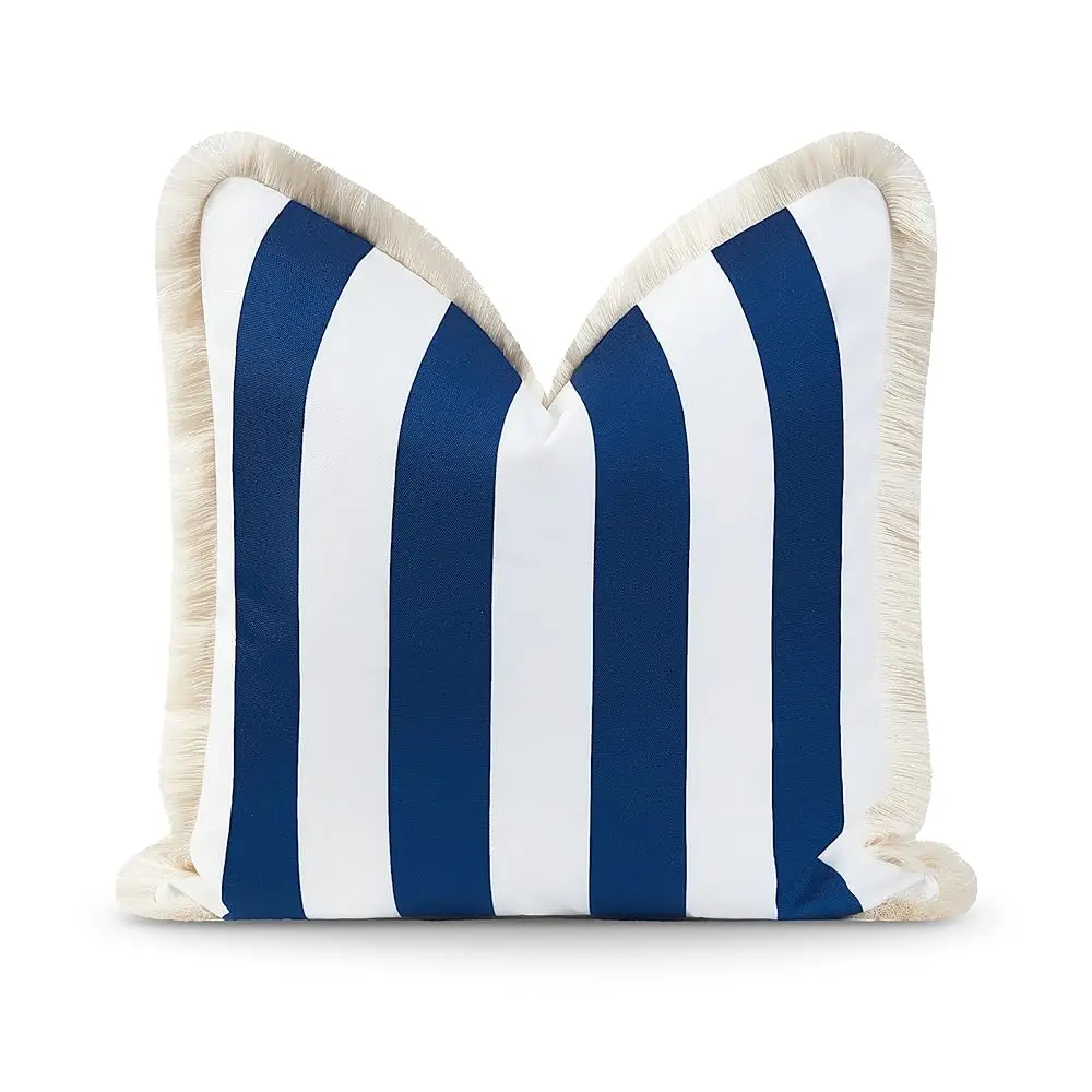 

Coastal Hampton Style Patio Indoor Outdoor Pillow Cover Only, 20""X20"" Water Resistant For Backyard, Couch, Navy Blue Stripe