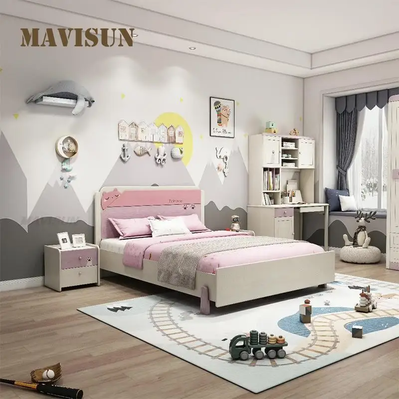 Pink Color Children Bed Kid's Bed Boy And Girl Wood Child Bed For Small Apartment Bedroom Furniture Set Decoration