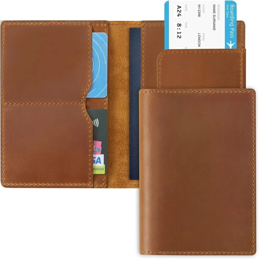 

Durable Cowhide Boarding Pass Passport Cover Crazy Horse Real Leather Card Holder Registration Ticket Organizer Travel Wallet
