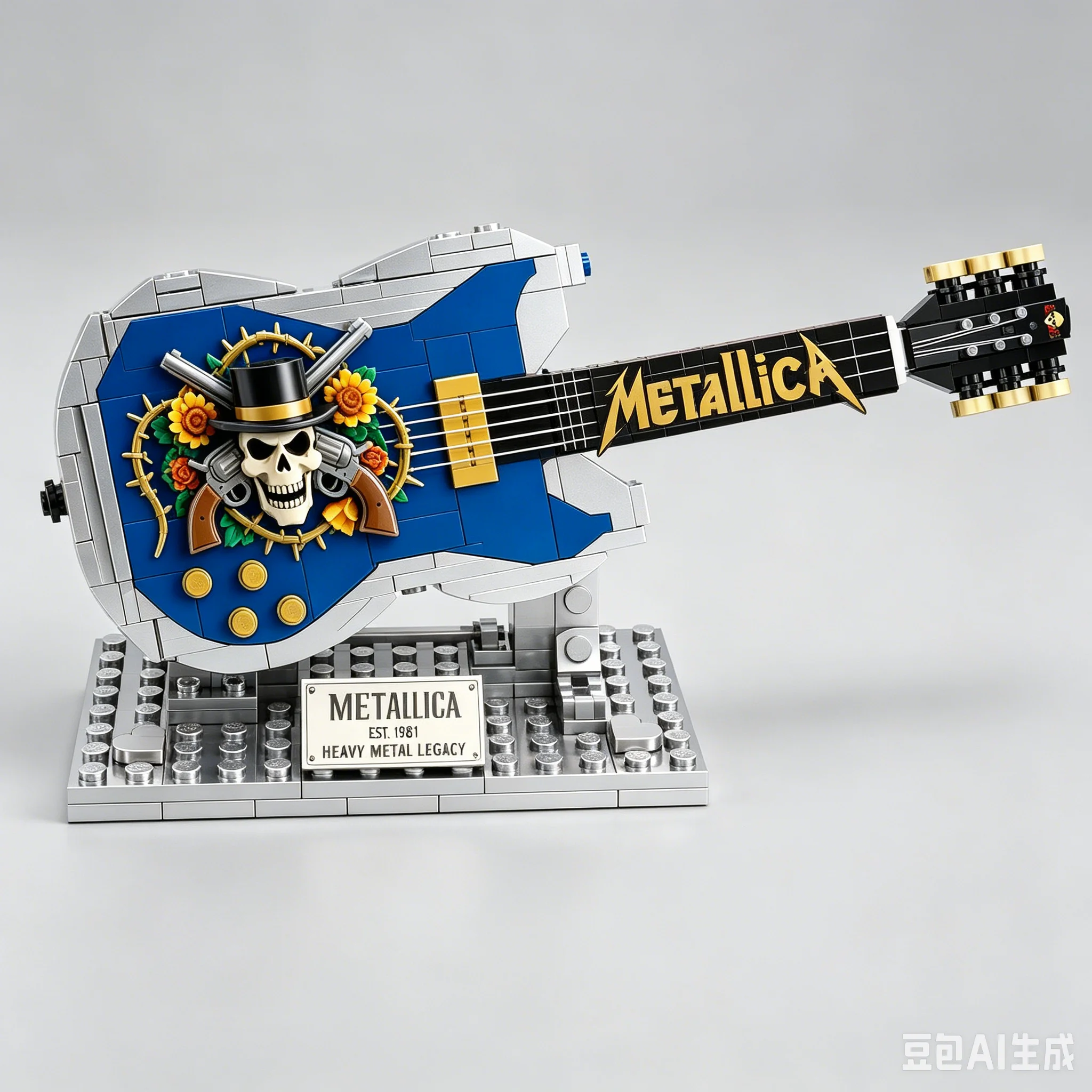 Guns N' Roses E-Gitarren-Baustein-Set: Rockband Totenkopf-Rosen-Gitarrenmodell-Bausteine mit Display-Ständer – Sammlerstück
