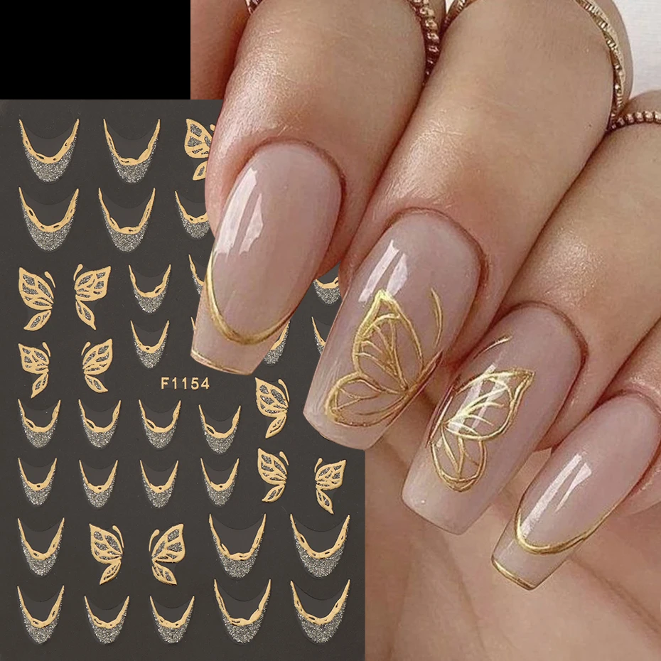 3D Shiny Brozing Golden French Lines Nail Stickers Silvery Glitter Butterflies Florals Maple Leaves Transfer Sliders Nail Decals
