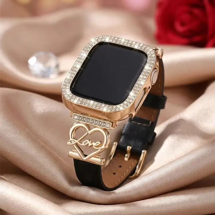 Uhrenarmband + Gehäuse für Apple Watch 40/41/44/45/42/46 mm, elegantes Love-Armband + glitzerndes Diamant-Schutzgehäuse. Für Serie 11 10 987654