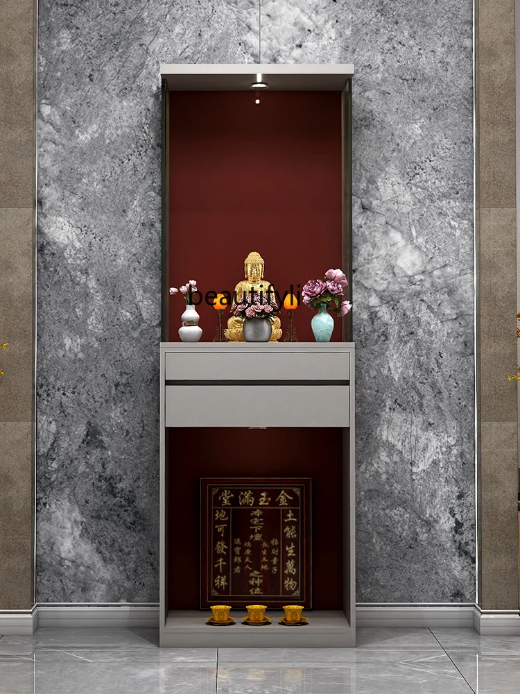 Chinese Style Simple Home Glass Bodhisattva Solid Wood Altar Household Buddha Niche