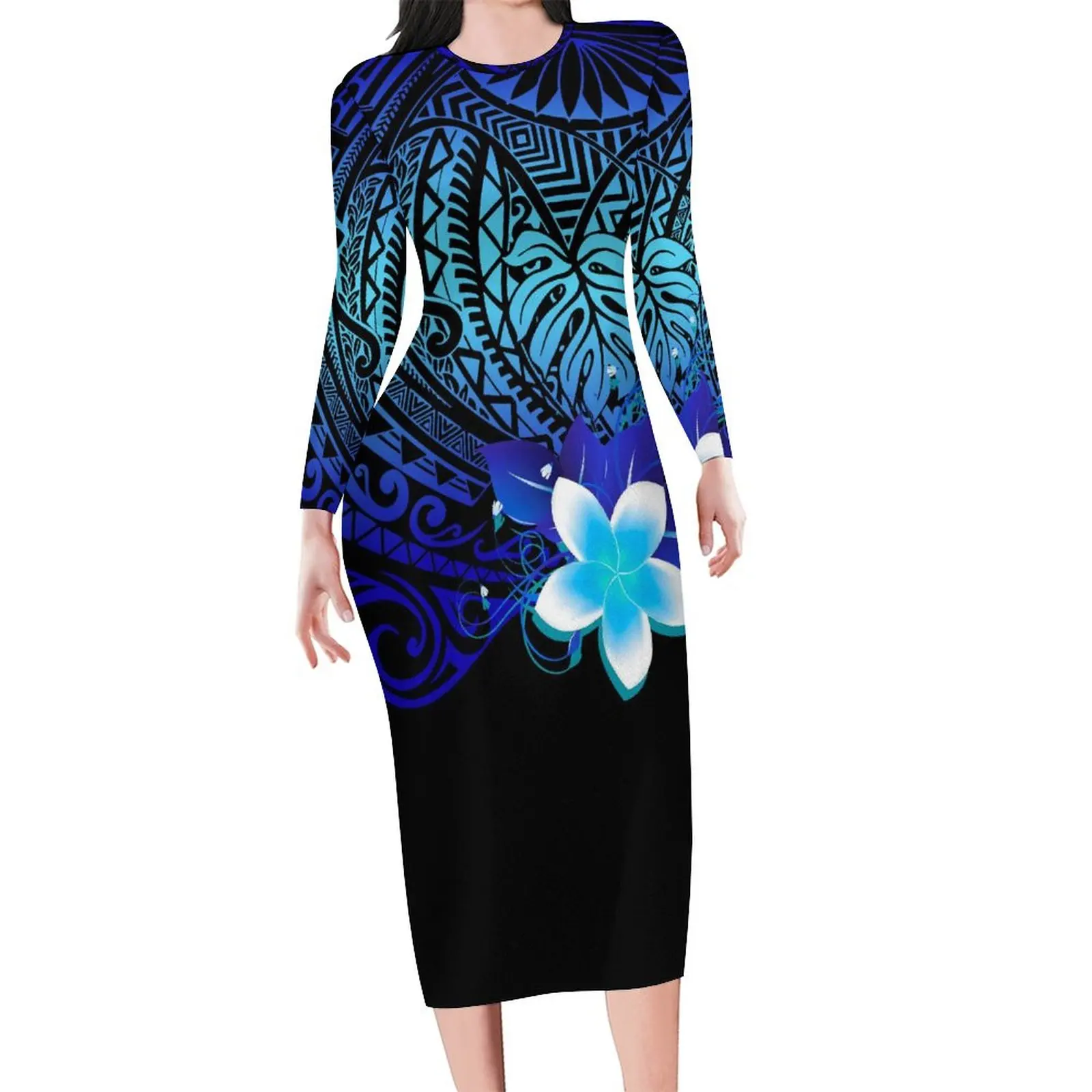 

Custom 6xl Women'S Long-Sleeved Dress Polynesian Tribe Design Crew Neck Slim-Fit Dress