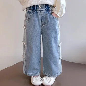 Baby Girls Spring Jeans Kids Summer Bow Denim Pants Children's Straight Wide-leg Trousers Toddler Autumn Loose Clothing 2-8Y 2