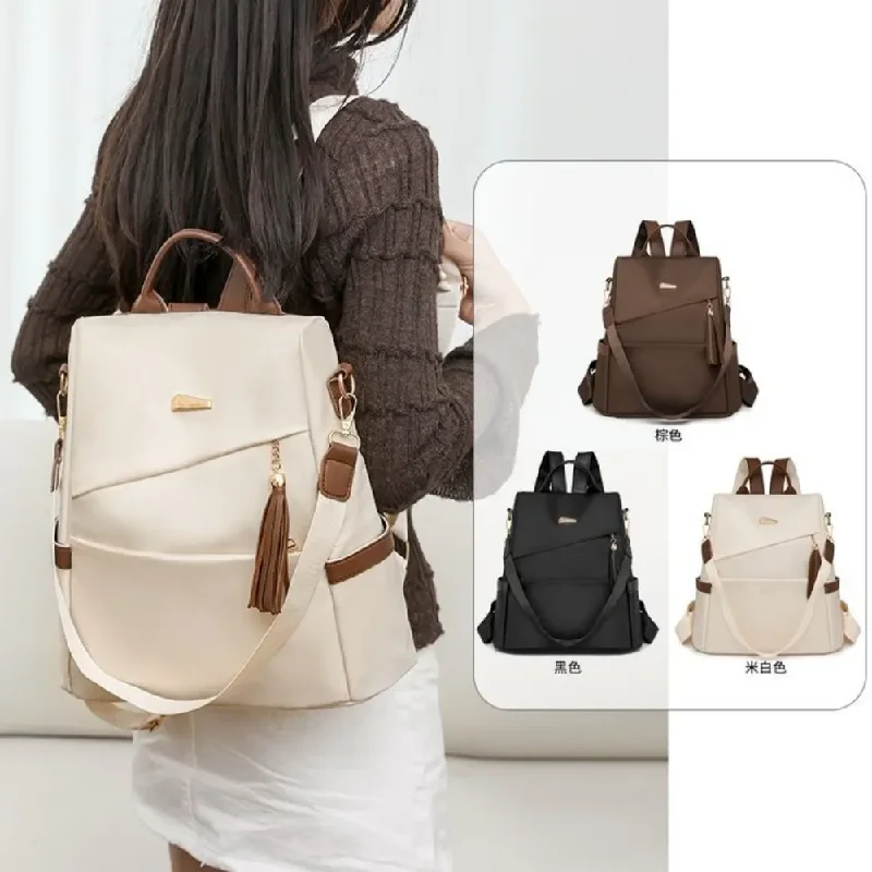 Fashion Women Nylon Anti-theft Backpack Tassel Decor Casual Travel Shoulder Bag Large Capacity Student School Bag Lightweight Fe