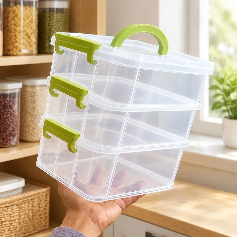 Transparent Plastic Storage Box with Four Sections, Multi-Tiered Drawer for Small Toys and Accessories