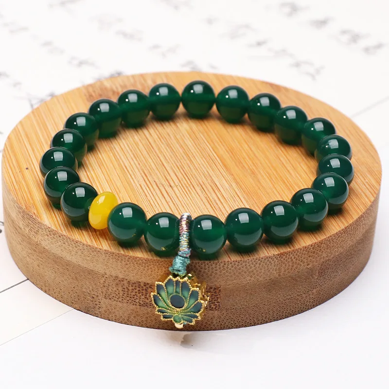 

Vintage Chinese Style Natural 8mm Green Agate Bracelet with Yellow Agate Lotus Pendant and Tassel Best Friends Bracelets Gifts