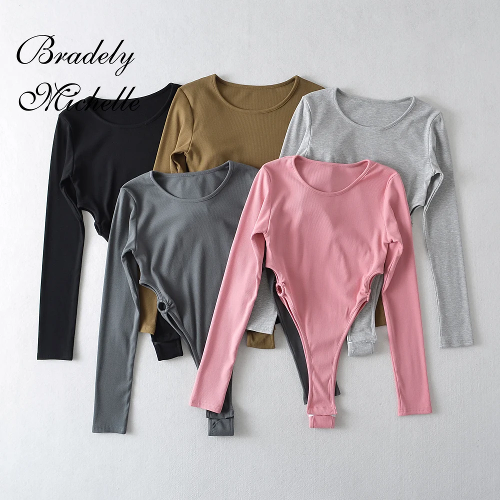 BRADELY MICHELLE Spring Women's Sexy Tops Long Sleeve Round Neck Slim Pullover Bodysuit Jumpsuit Top One-pieces