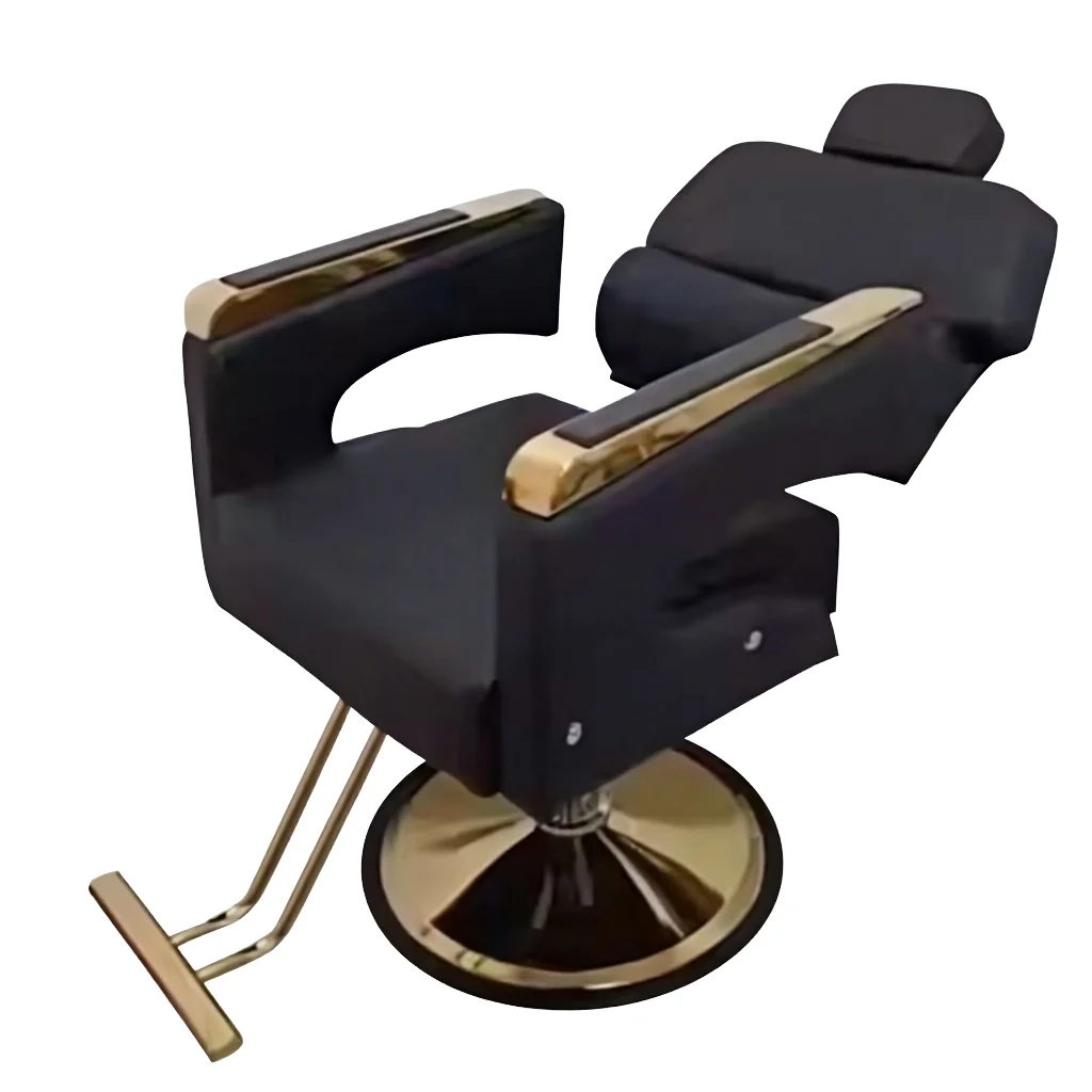 

Reclinable Leather Massage Barber Chair with Hydraulic Pump Height Adjustable Black Gold Salon Furniture for Hotel Beauty Salons
