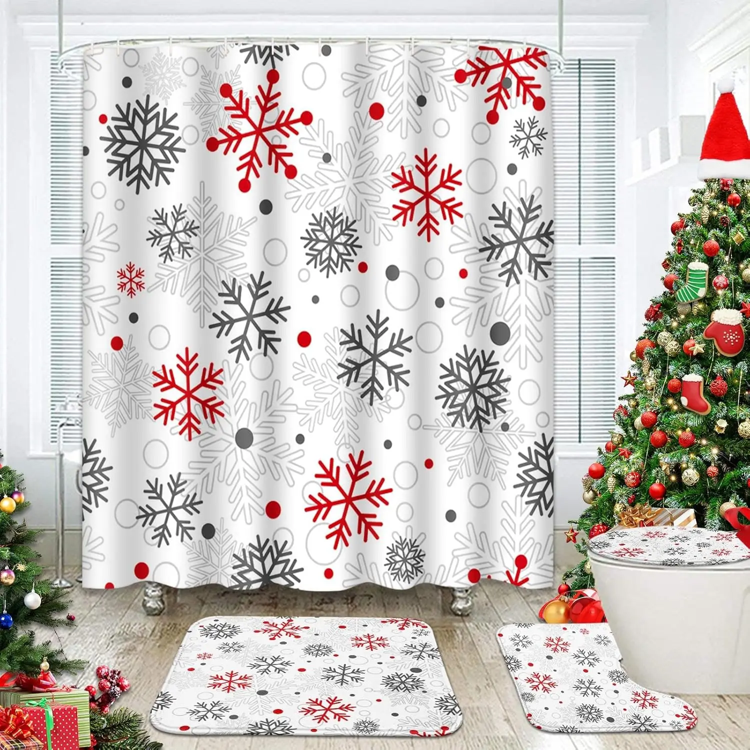 

4 Pcs Shower Curtain Set Christmas Big Small Snowflakes Red with Non-Slip Rugs Toilet Lid Cover and Bath Mat