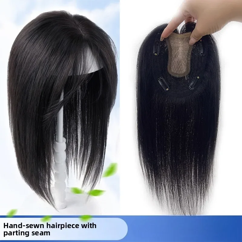 Women Human Hair Topper Invisible Hand Tied Hairpiece Cover Gray Hair Add Volume