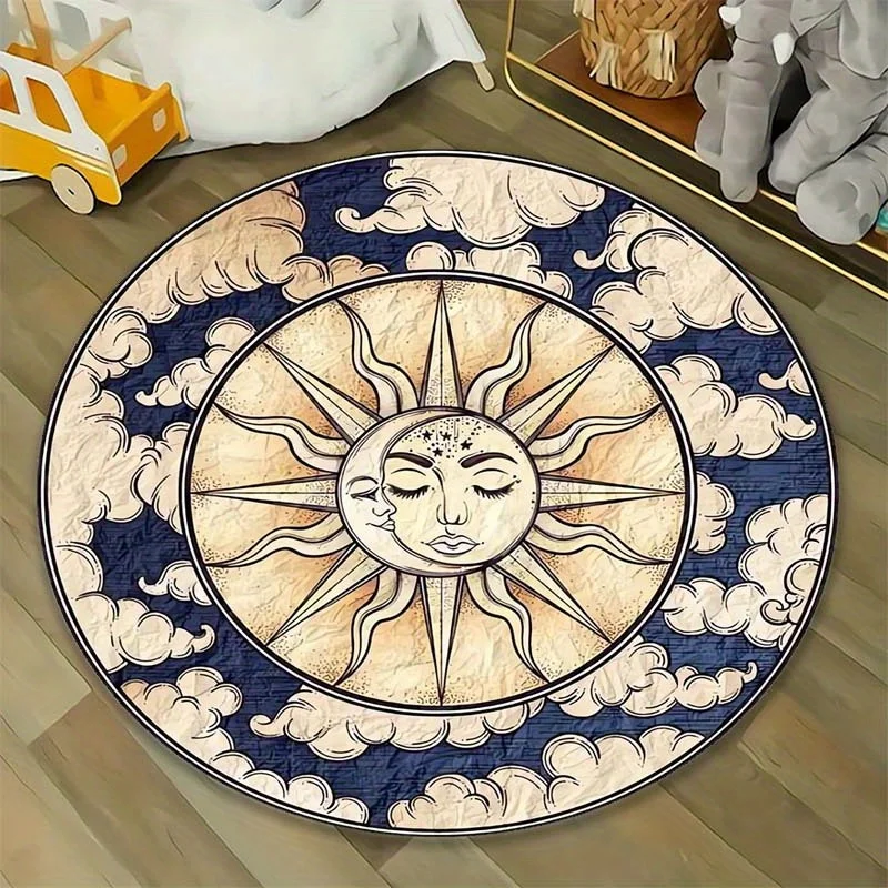 

1pc Sun and Moon Print Pattern Round Rug - Crystal Velvet for Bedroom Living Room Decoration