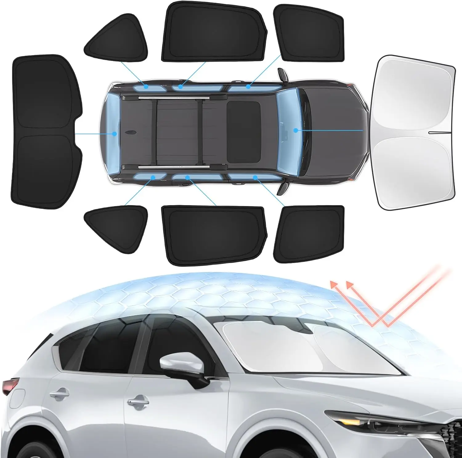 

Комплект из 8 солнцезащитных шторок для задних и боковых окон Mazda CX-5 2017-2026, складные, для защиты от солнца, блокируют УФ-лучи и тепло