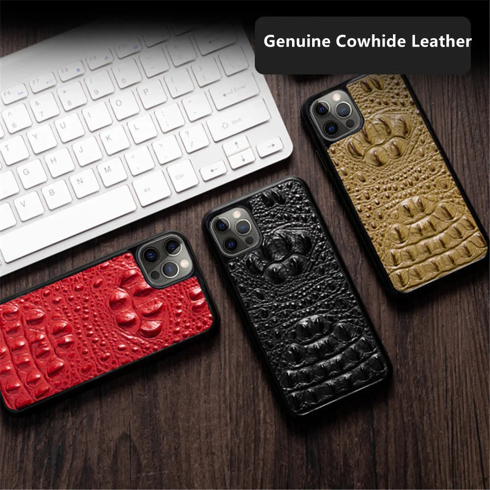 Genuine Cowhide Leather Crocodile Slim Case for iPhone 13 14 15 16 Pro Max Matte Armor Back Cover