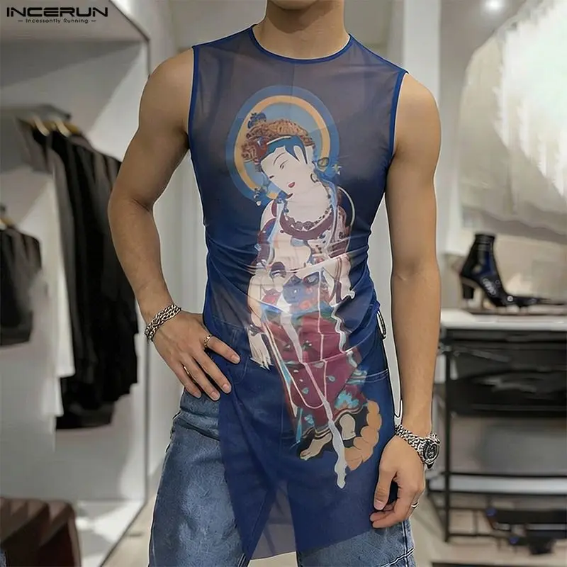 INCERUN Herren Tanktops Bedruckt Mesh Durchsichtig O-Ausschnitt Ärmellos Herrenwesten Sommer 2026 Lässige Lange Oberteile Herrenkleidung