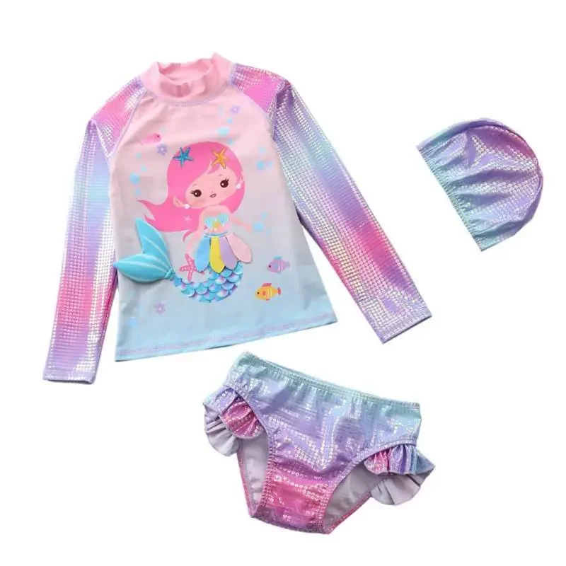 2/3 Pcs Girls Swimsuit Kids Cartoon Pattern Long Sleeve Two-Piece Swimwear Children Sun Proof Bathing Suits Beach Surfing Wear