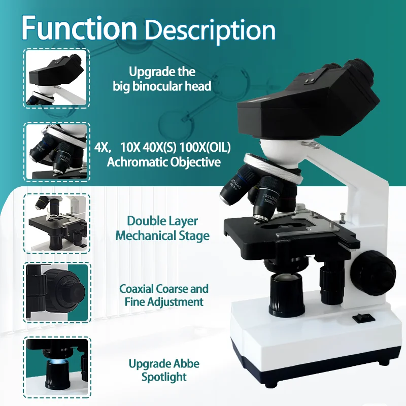 40X-2500X Magnification Binocular Compound Microscope with 195 Objectives & Mechanical Stage for Lab Education Medical Use