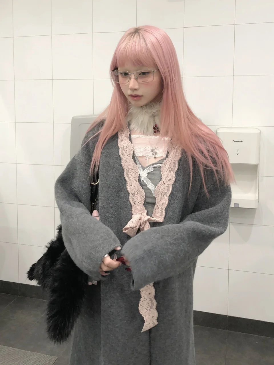 

Pink Lace Bow Knot Long Sweater Jaet MonddoM•EW Sweet Sle V Ne mid Length Cardigan Fabric 00% Other Material Winter 2024