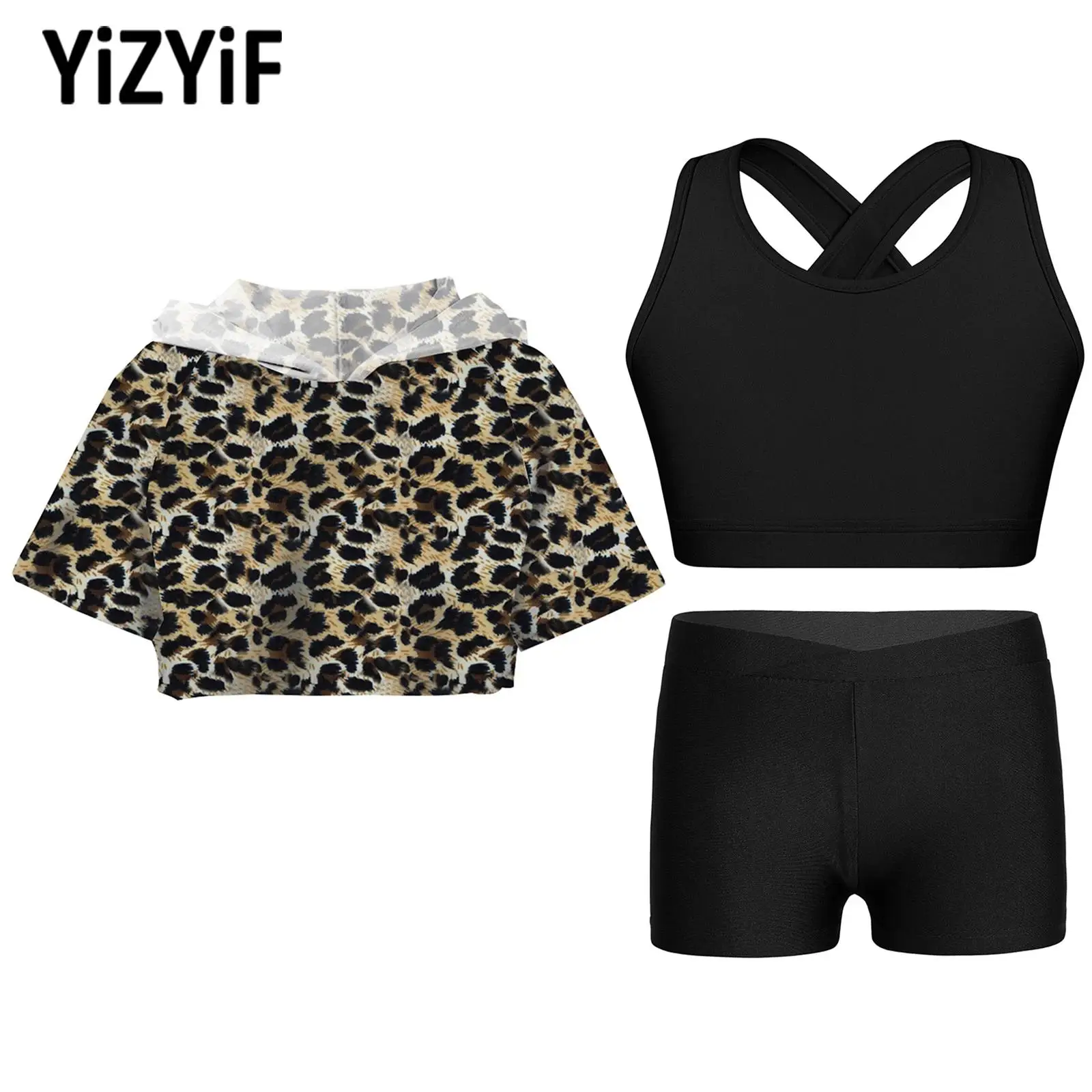 

Детский спортивный комплект для девочек, одежда для йоги и фитнеса, костюм, жилет + укороченный топ с капюшоном + шорты, наряд для танцев, бега, велоспорта, тренировок, спортивная одежда