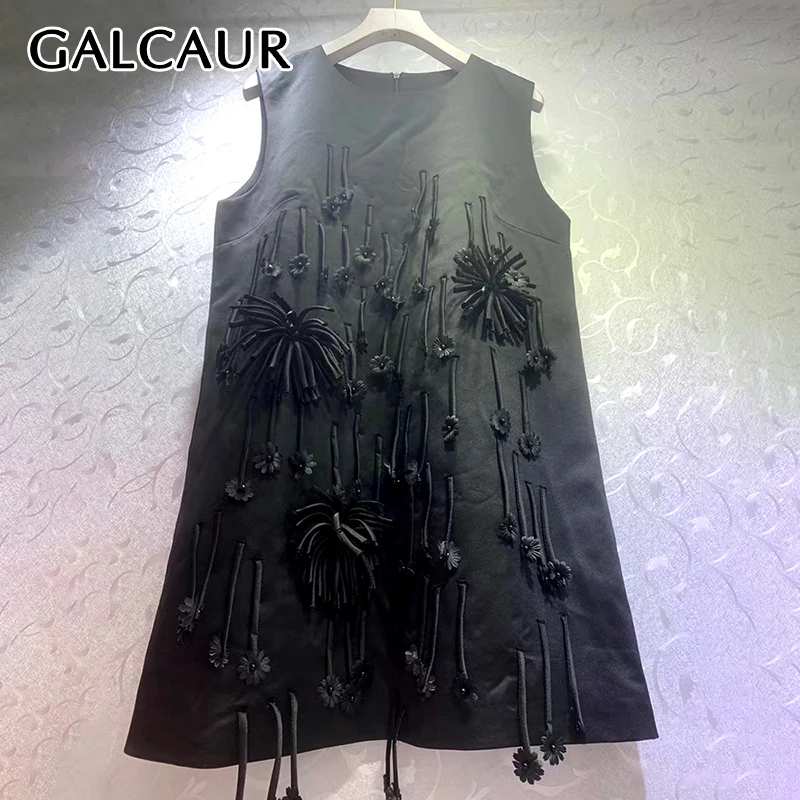 

GALCAUR Patchwork Appliques Chic Dresses For Women Round Neck Sleeveless Spliced Zipper Elegant Temperament Mini Dress Female