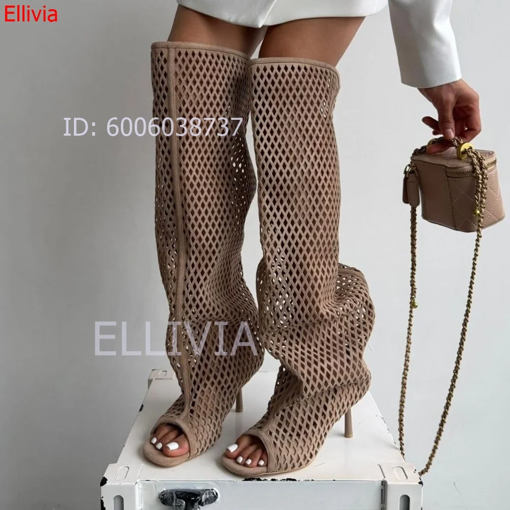 Women Fishnet Mesh Over The Knee High Heel Boots Peep Toe Thin Stiletto Heel Hollow Out Breathable Thigh High Sandal Boots