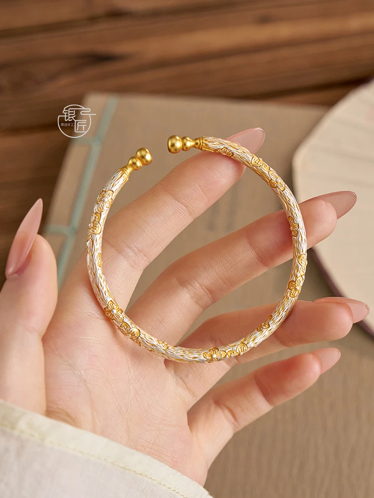 

Женский серебряный браслет из чистого серебра S999, с золотой гравировкой, эмалью, тыквой, счастливый цвет сливы, рельефный высокий ювелирный подарок