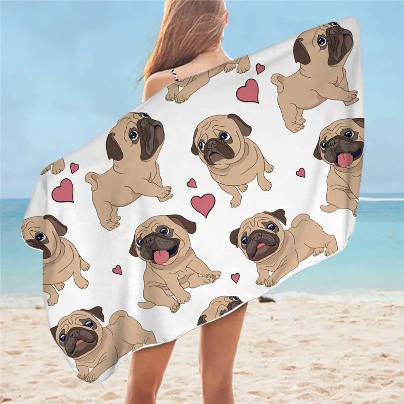 Hippie Pug Bath Towel Bathroom Microfiber Animal Cartoon Dog Beach Towel for Adult Cute Bulldog Blanket 75x150cm Bath Towels