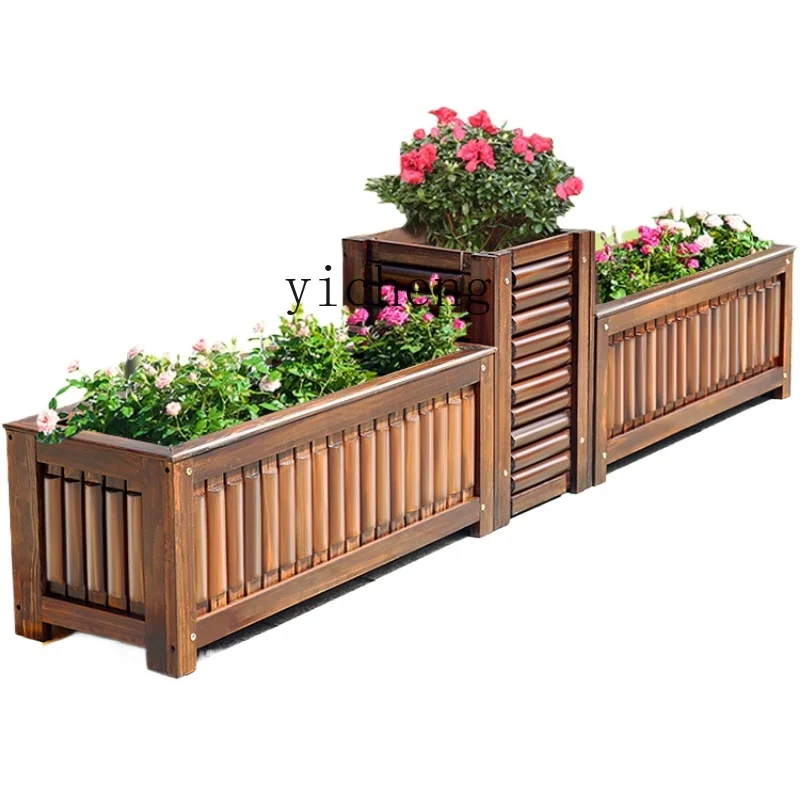 ZF Antiseptic Wood Flower Box Outdoor Carbonized Solid Wood Planter Combination Flowerpot Garden Planting Balcony