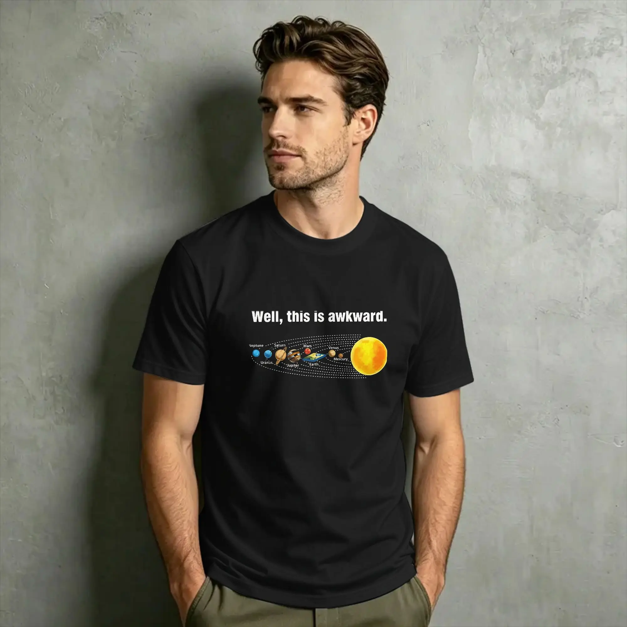 Funny Flat Earth Astronomy T Shirts for Men Pure Cotton Novelty T-Shirts Crewneck Well This Is Awkward Solar System Gift