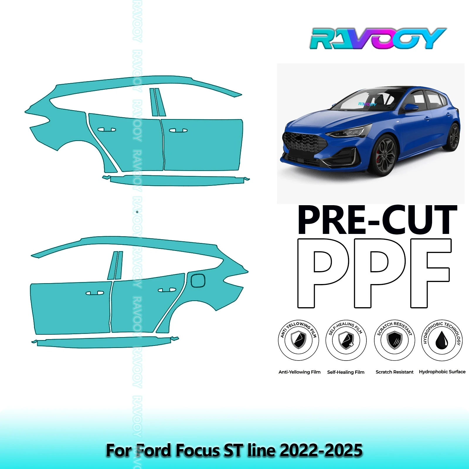 

For Ford Focus ST line 2022-2025 8.5mil Clear Matte Pre-Cut PPF Door & A/B Pillar Kit TPU Paint Protection Film Set