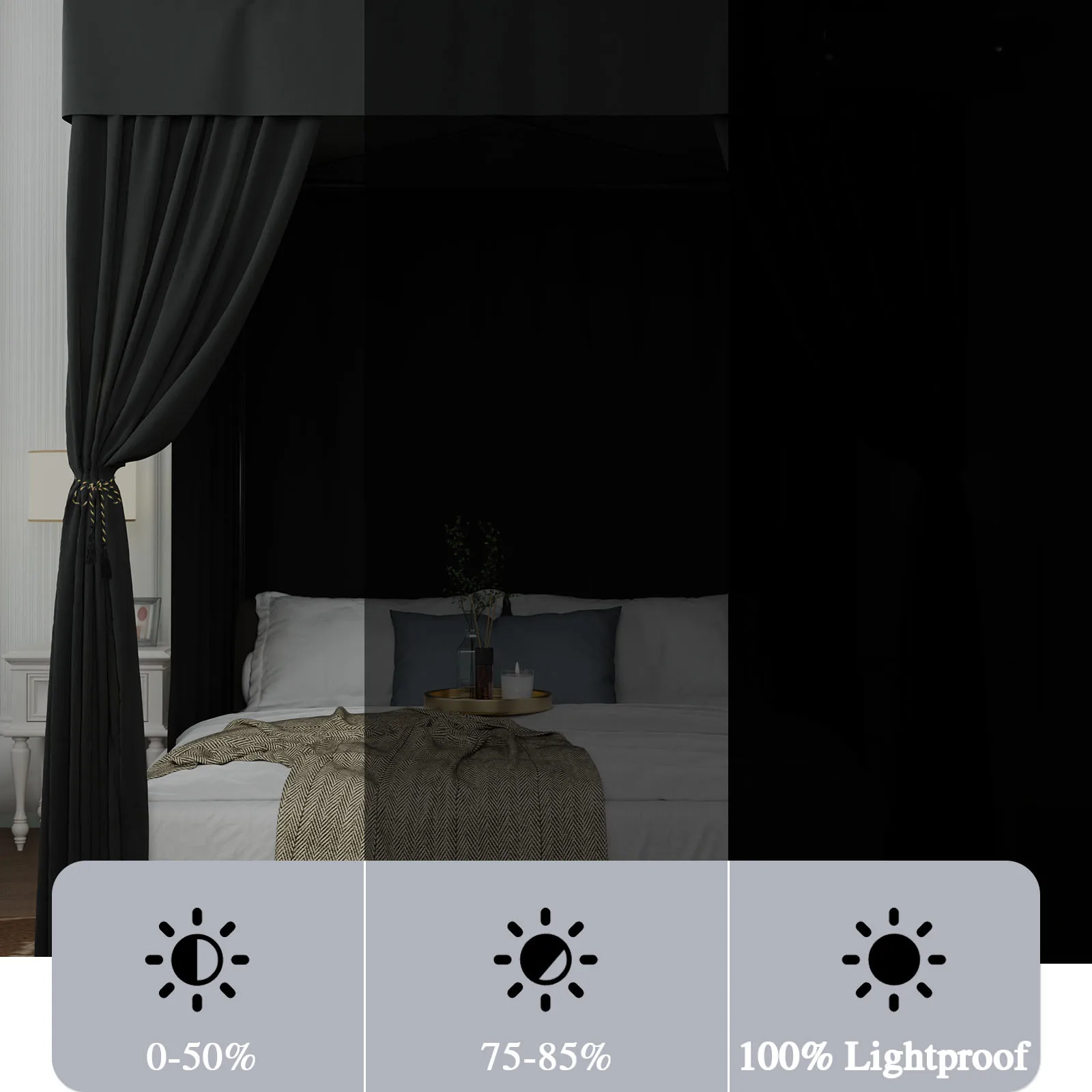 Black Four Corner Post Lightproof Windproof Bed Canopy Bed Curtains Sheer Canopy for Adults Girls Bedroom Windproof Queen/King
