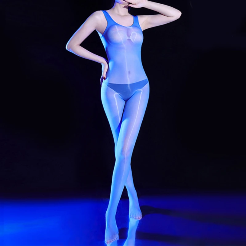 Sexy Candy Color Open Crotch Elastic Bodysuit Sheer See Through Sexy Shaping Tights Bodycon Cosplay Maid Leotard Dance Wear